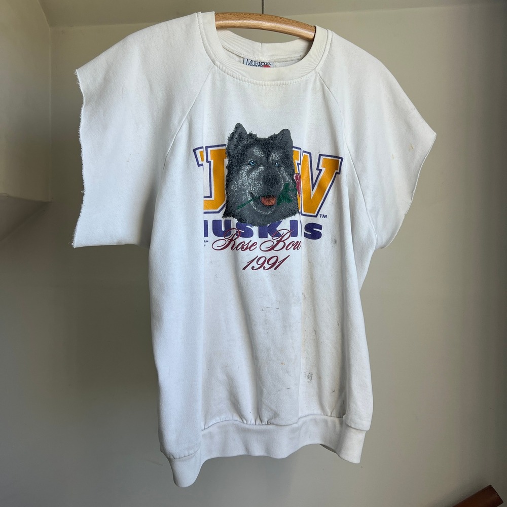 Vintage UW Huskies Rose‎ Bowl 1991 Sweatshirt XXXL Distressed Cut Off Stained